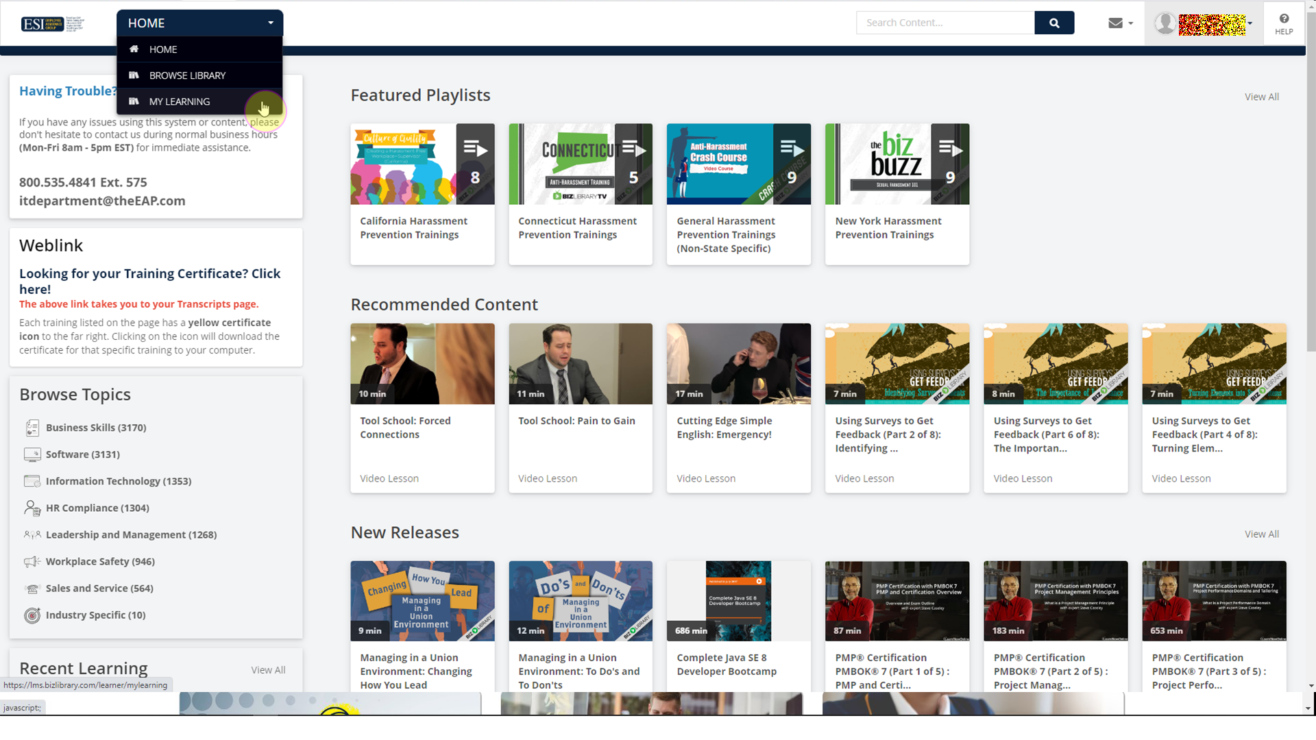 Click on My Learning in the navigation of lms.bizlibrary.com