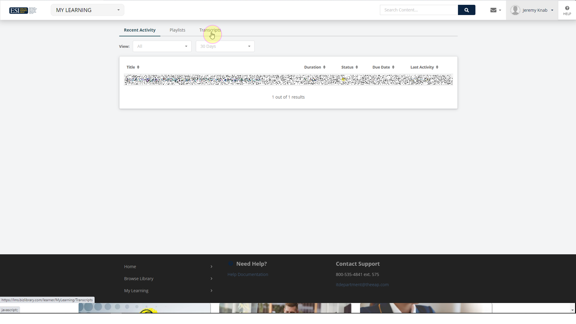 transcripts tab on lms.bizlibrary.com