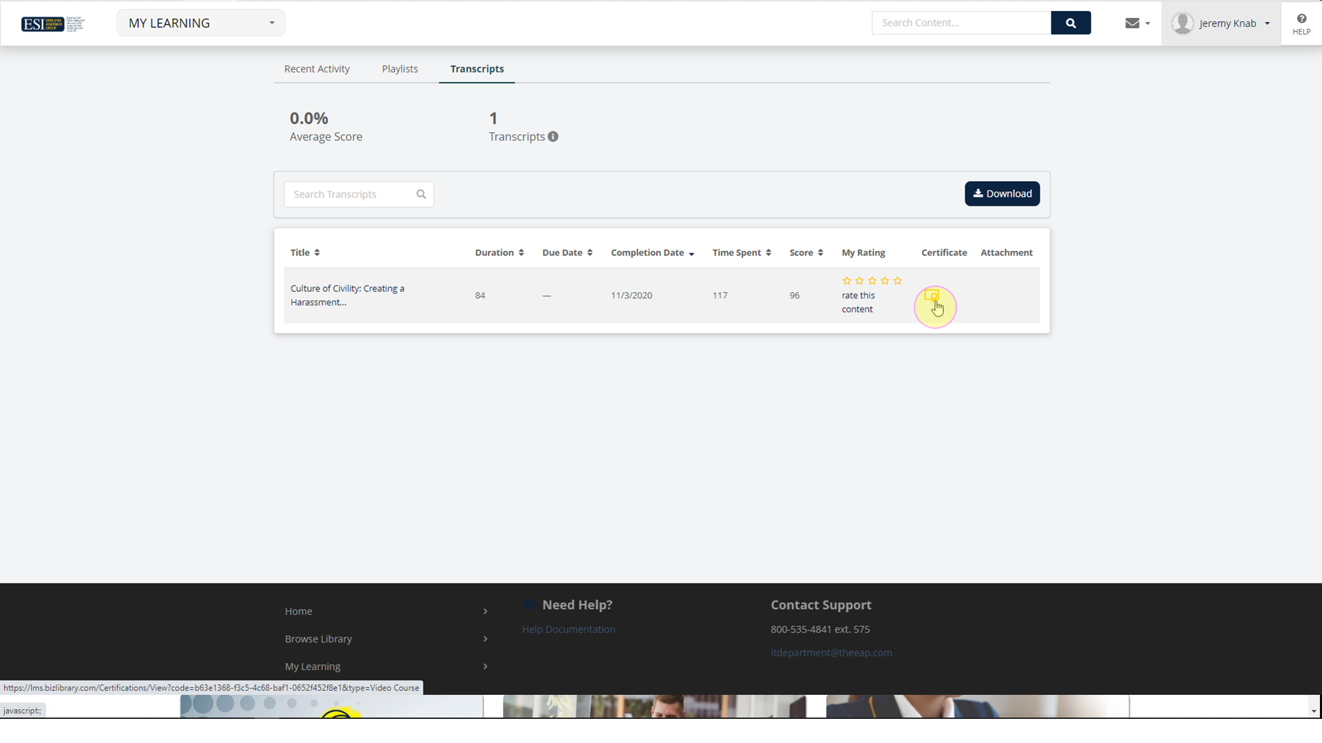 click on certificate icon to download certificate for course